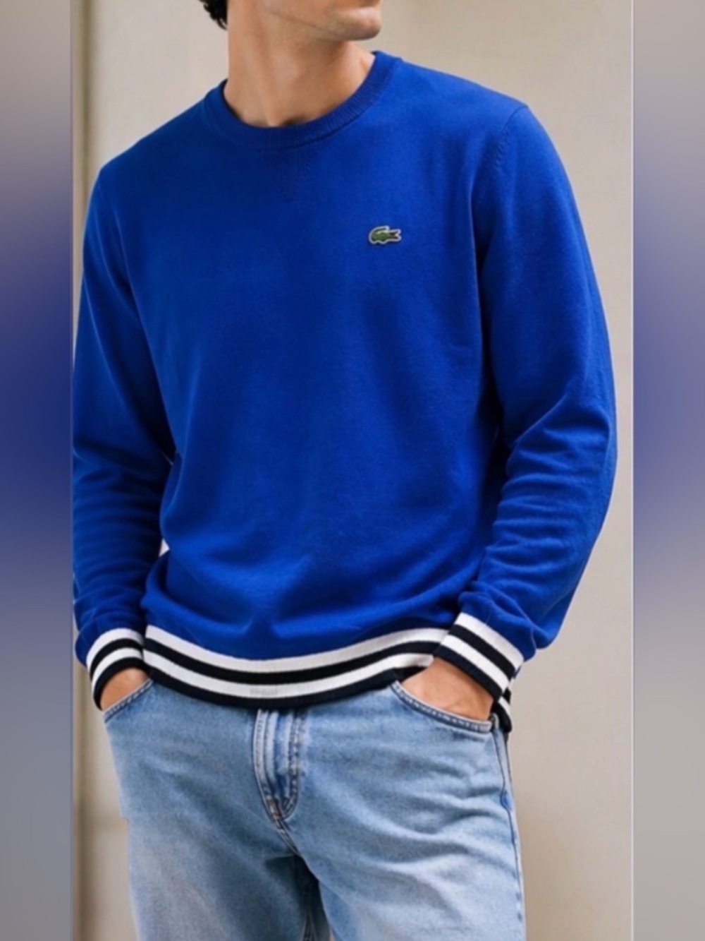 Lacoste Crewneck Sweater Men's Large Blue Cotton Pullover Stripe Hem